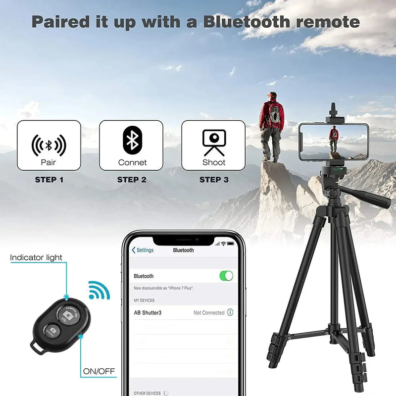 Tripé Universal com Controle Bluetooth - Leve, Ajustável e Ideal para Fotos e Vídeos Perfeitos com Celulares e Câmeras!